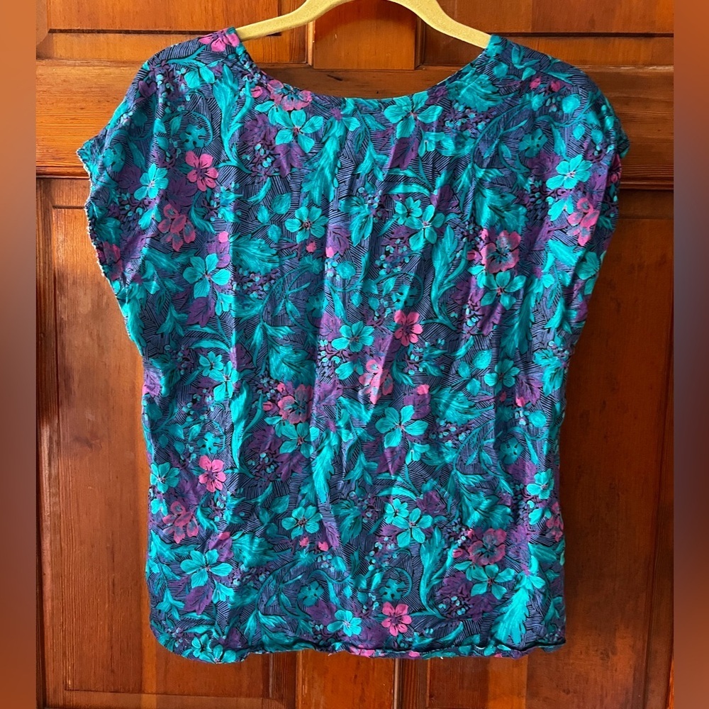 1950s Handmade Floral Blouse – Vintage – Teal & Purple Atomic Floral – M/L